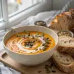 Roasted sweet potato and butternut squash soup served with bread and toppings.