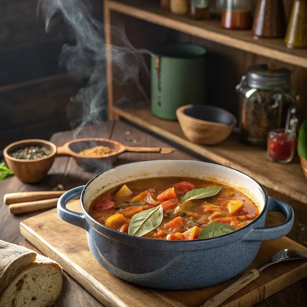 Roasted sweet potato and butternut squash simmering in broth with bay leaves.