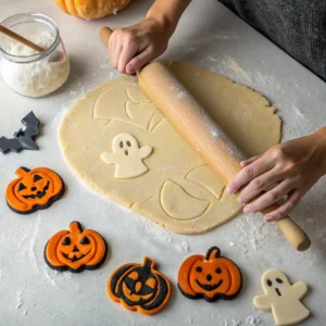 Rolling cookie dough with Halloween cookie cutters