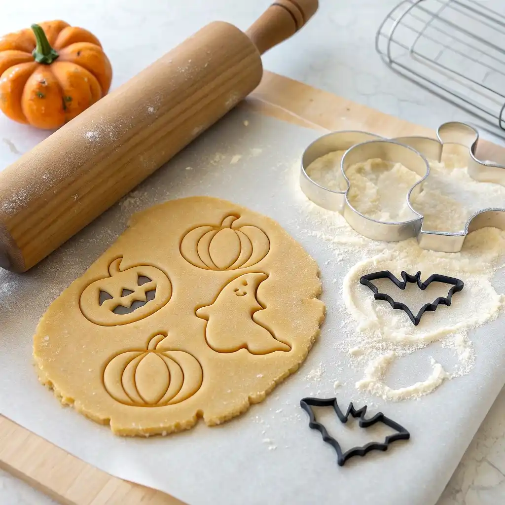 Rolling sugar cookie dough flat with pumpkin and ghost cookie cutters nearby.