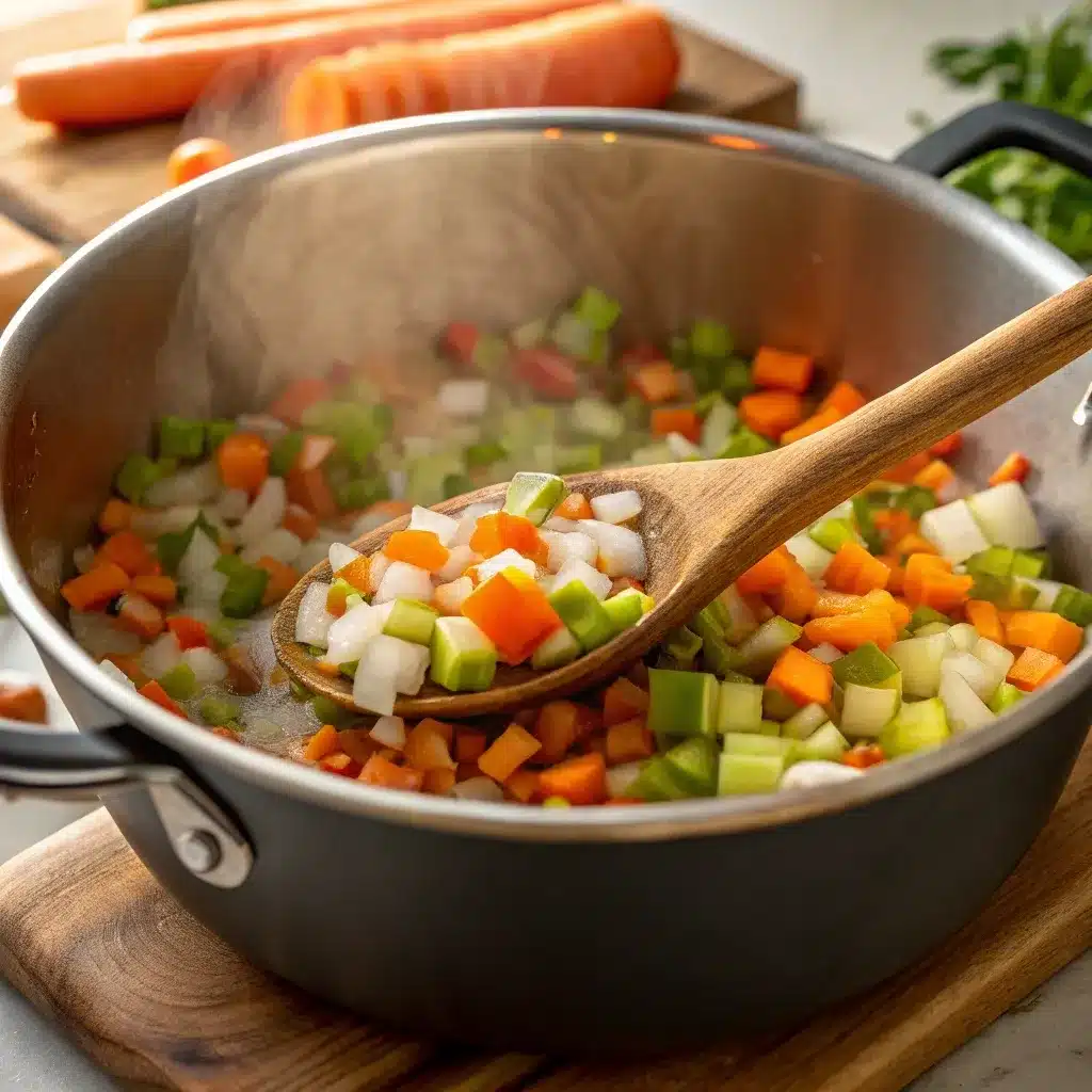 Onions, carrots, and celery sautéing in olive oil for high protein leftover turkey soup.