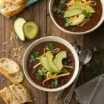 Black bean soup served with avocado and tortilla strips.