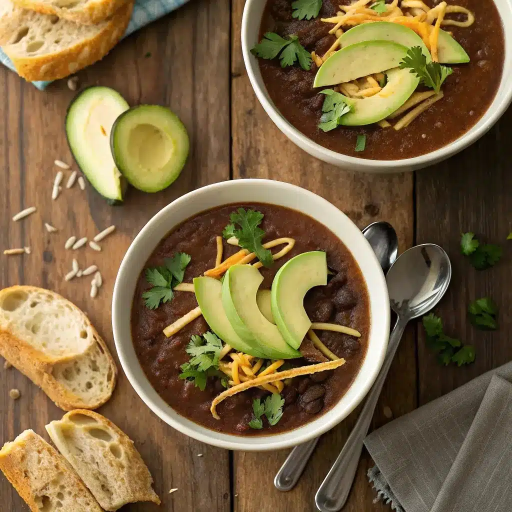Black bean soup served with avocado and tortilla strips.