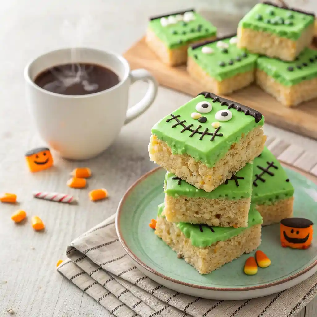 Frankenstein Rice Krispie Treats stacked on a plate with hot cocoa