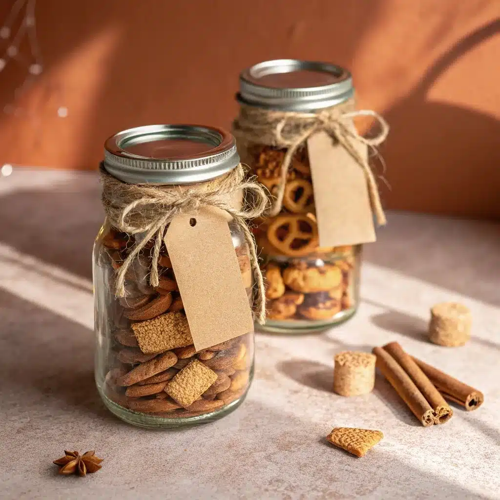 gift jars of caramel apple snack mix with kraft tags and cinnamon stick