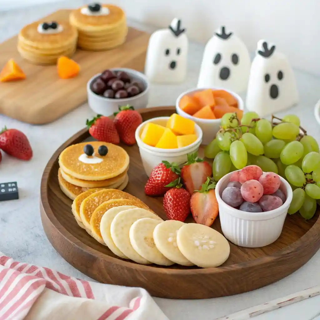kids enjoying a Halloween breakfast charcuterie board with pancakes and fruit
