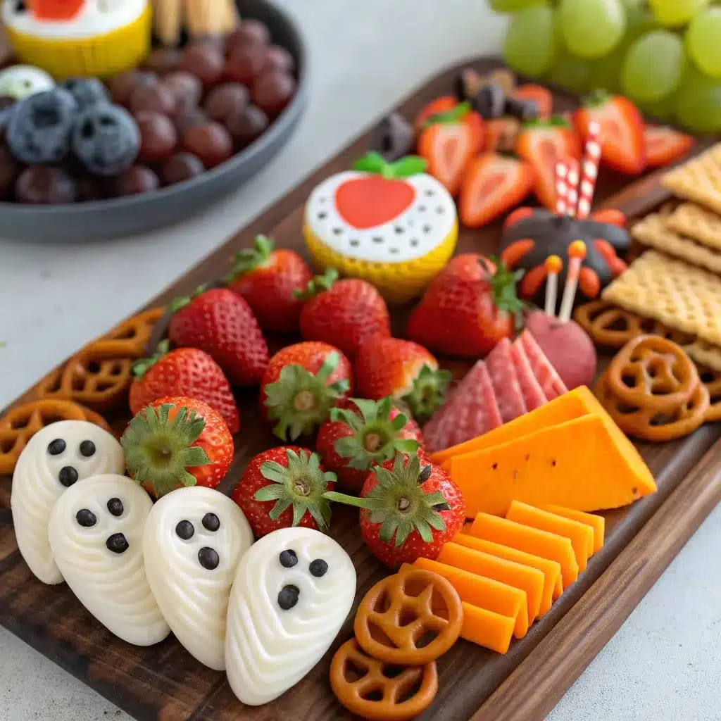 guests enjoying spooky Halloween charcuterie board with festive snacks