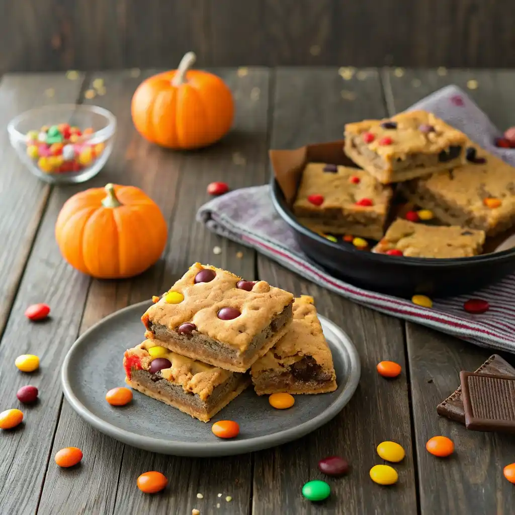Plate of Halloween Cookie Bars with M&M’s on a decorated Halloween party table