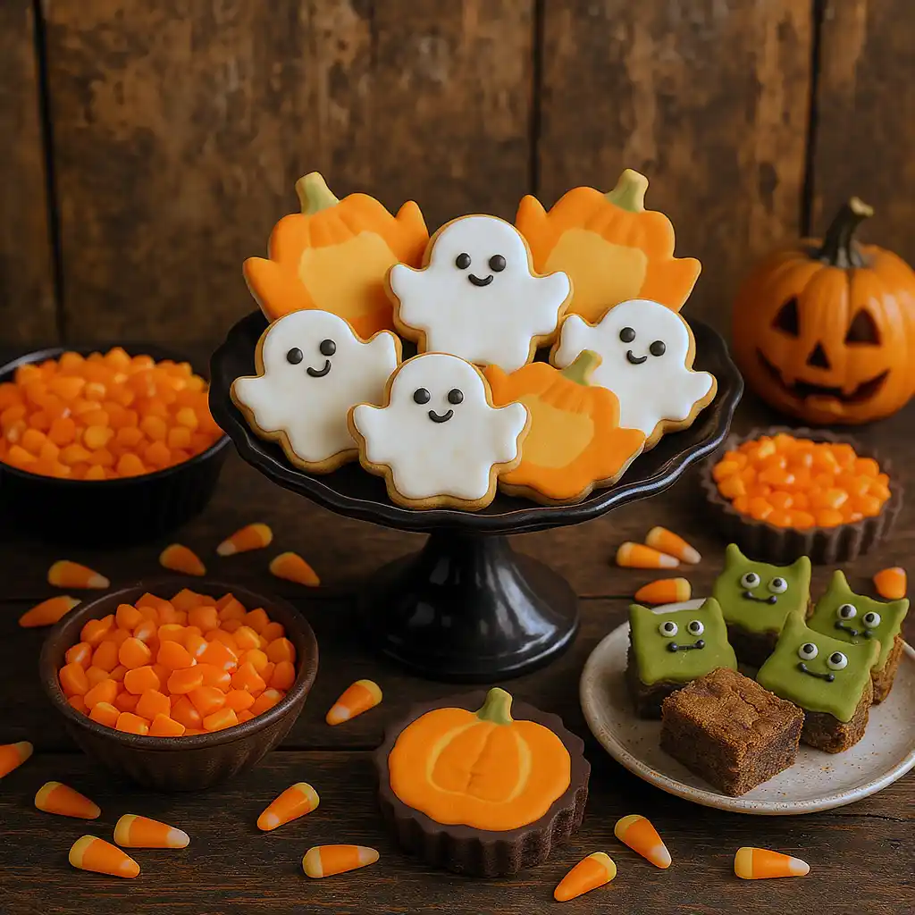 Halloween cut-out cookies served on a festive dessert table