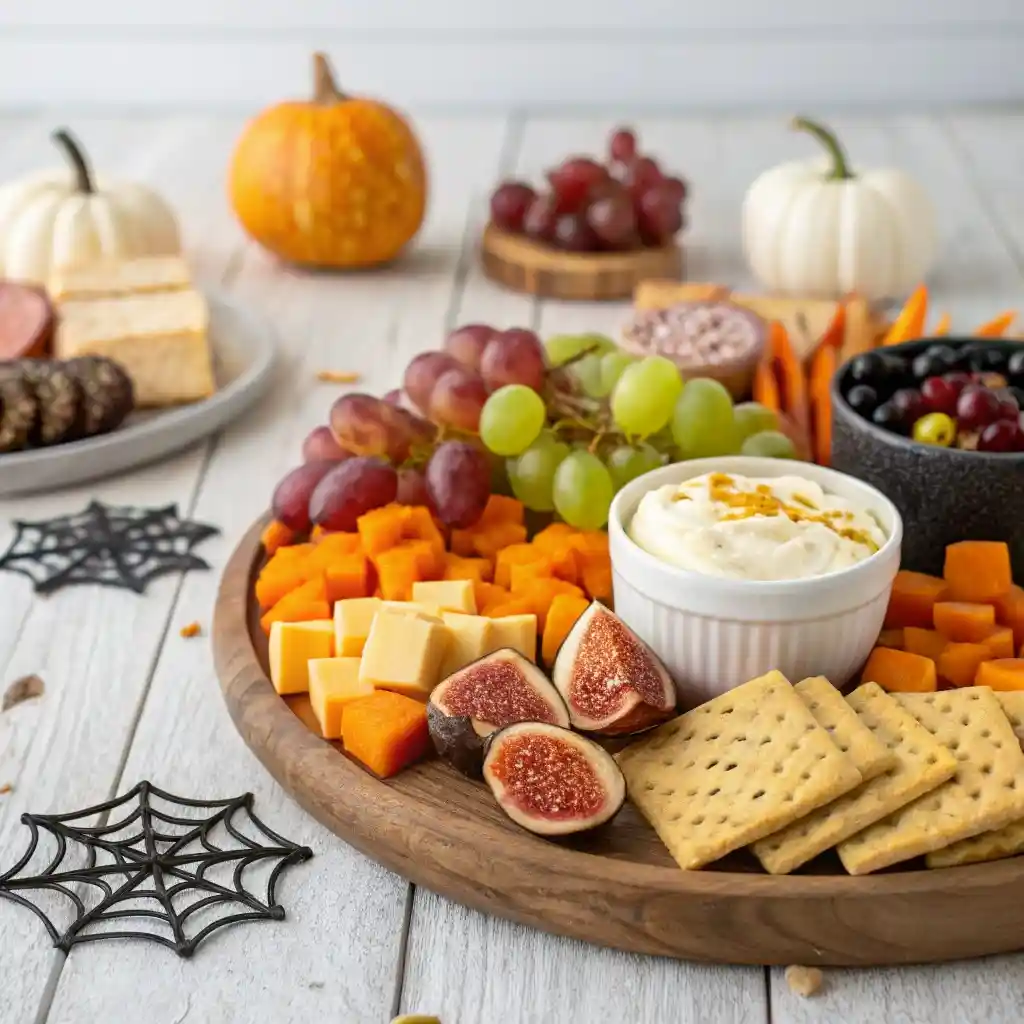 finished Halloween dinner charcuterie board with cheeses, meats, and dips