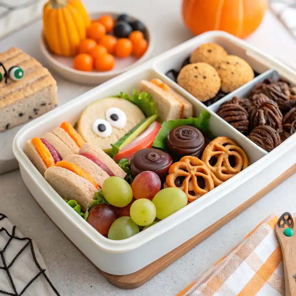 kids enjoying a Halloween lunchbox charcuterie board at school or home