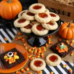Halloween thumbprint cookies served on a festive dessert table