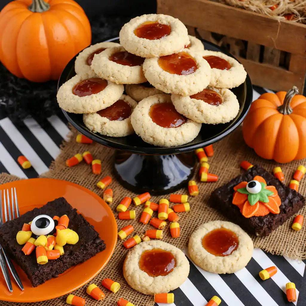 Halloween thumbprint cookies served on a festive dessert table