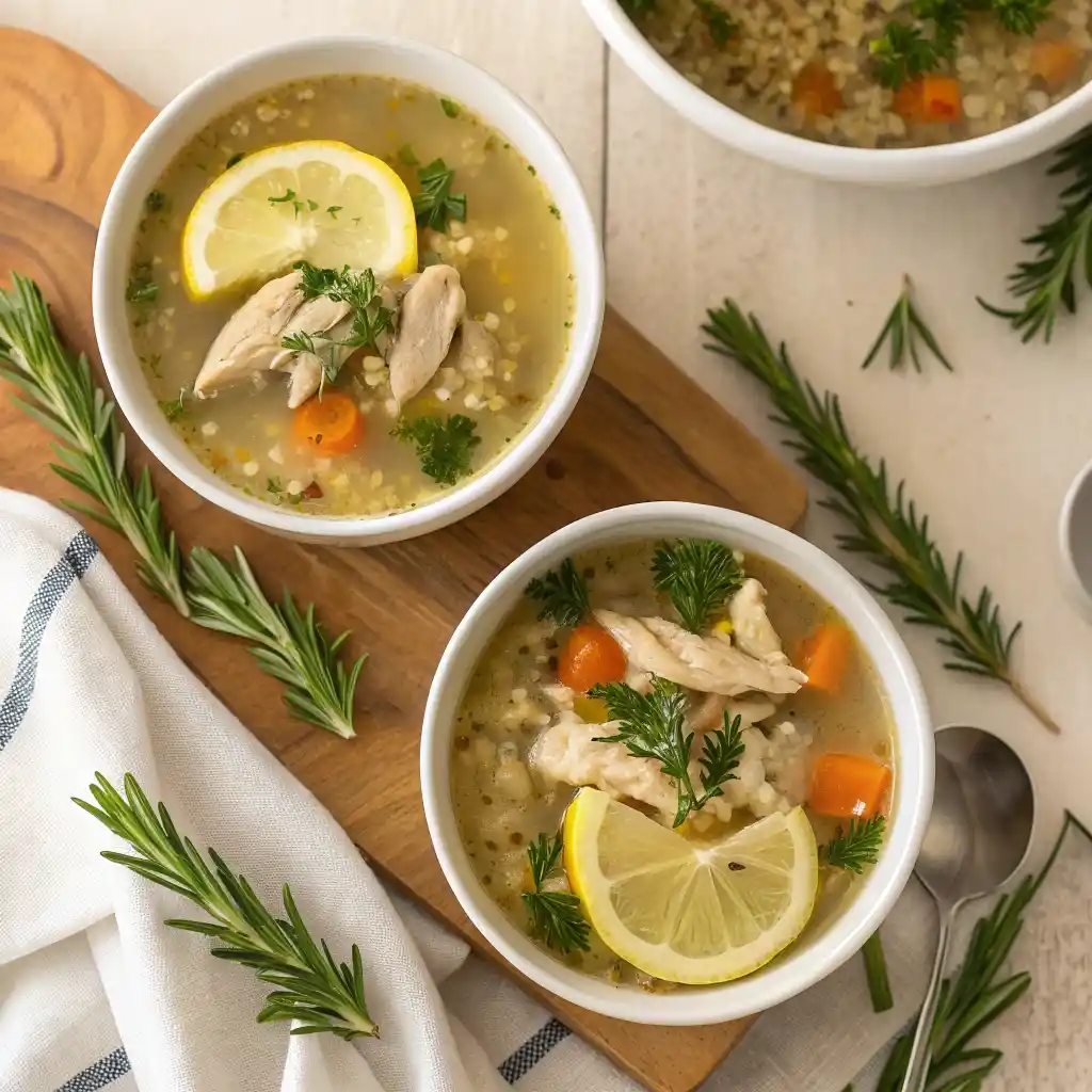 Bowl of chicken soup served with lemon and rosemary garnish.