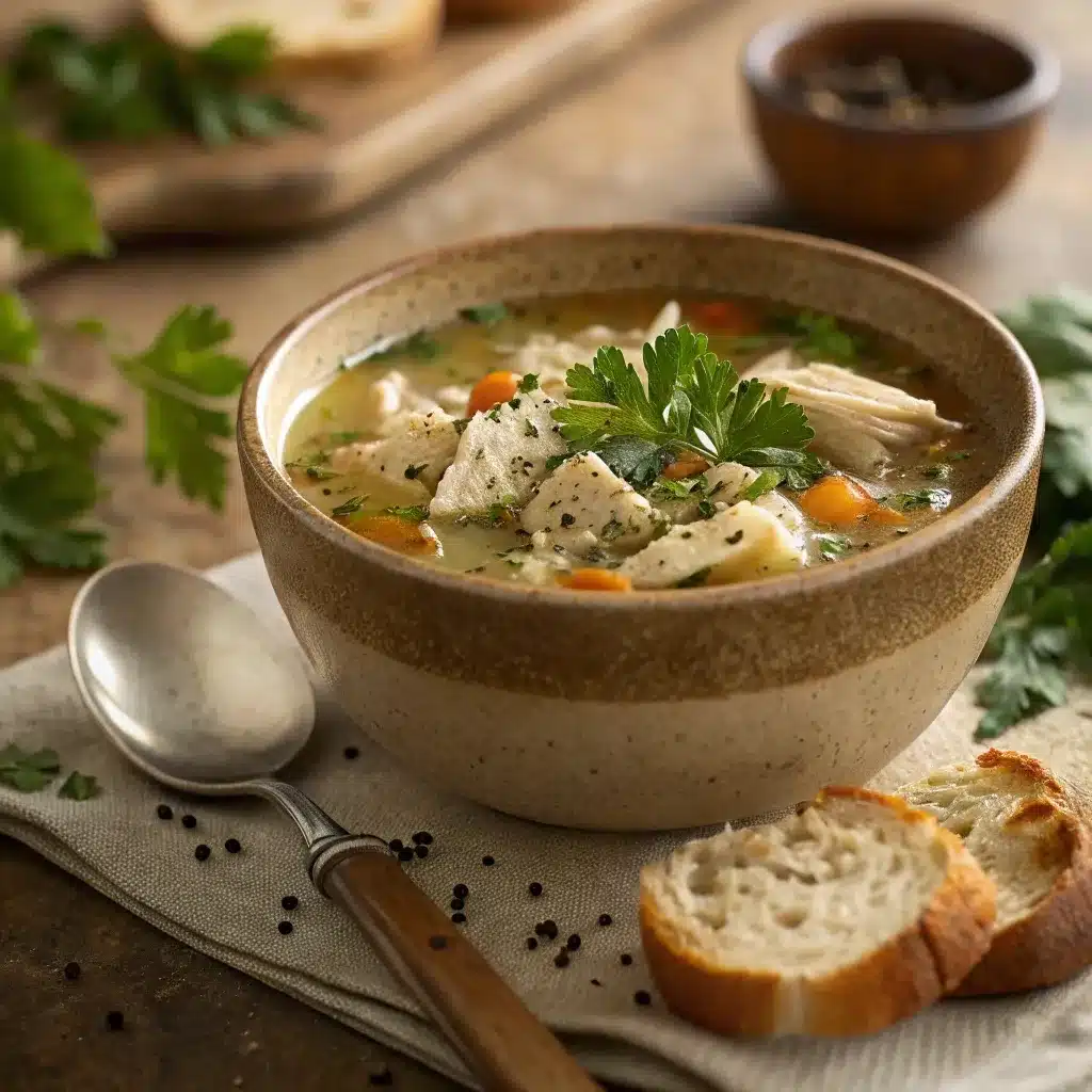 Bowl of high protein leftover turkey soup served with bread.