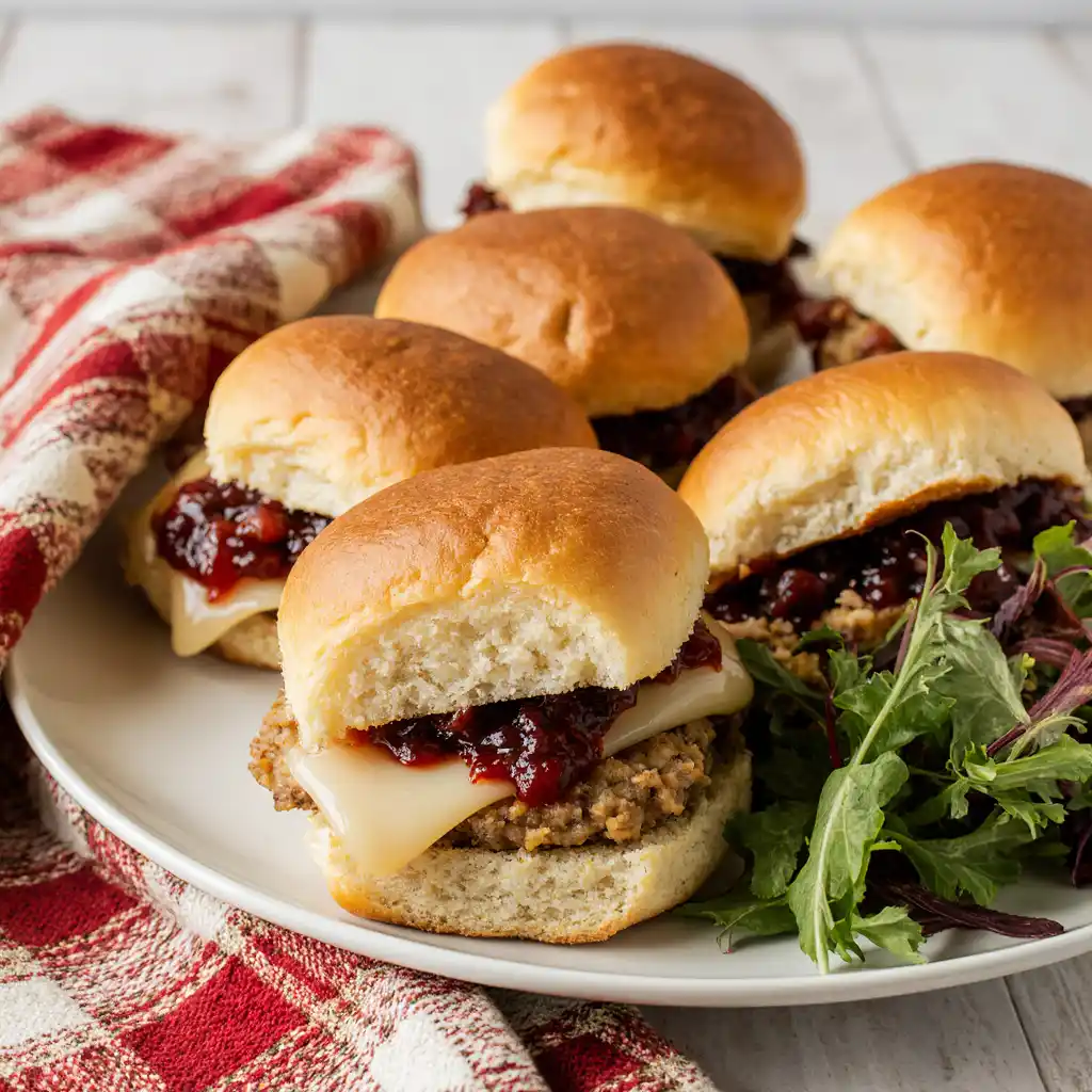 Serving leftover Thanksgiving turkey sliders with cranberry and stuffing