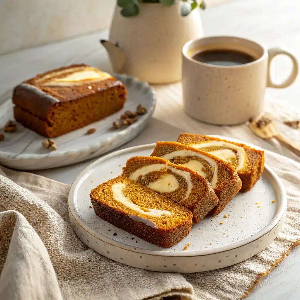 Pumpkin Bread with Cream Cheese Swirl slices served with coffee