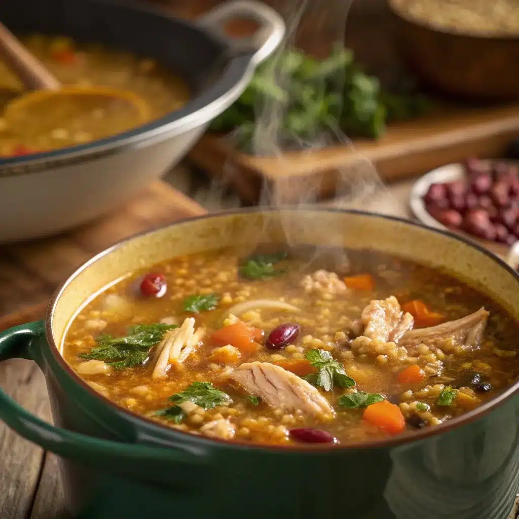 Soup simmering with beans, quinoa, and turkey for extra protein.