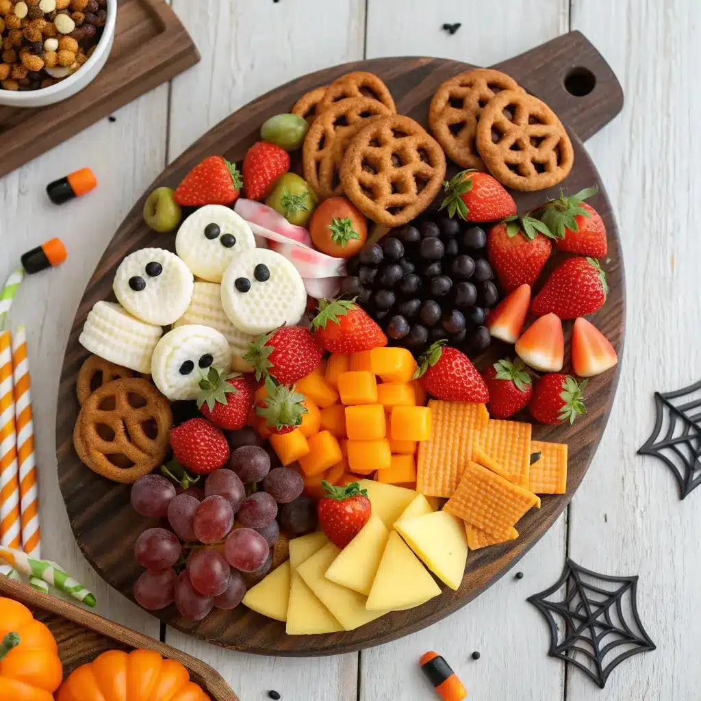 close-up spooky Halloween charcuterie board with sweet and savory snacks