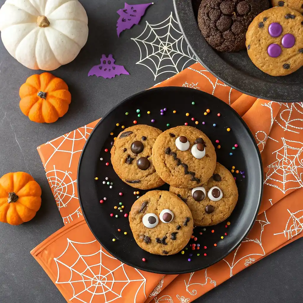 Spooky chocolate chip cookies decorated with candy eyes served on party platter.