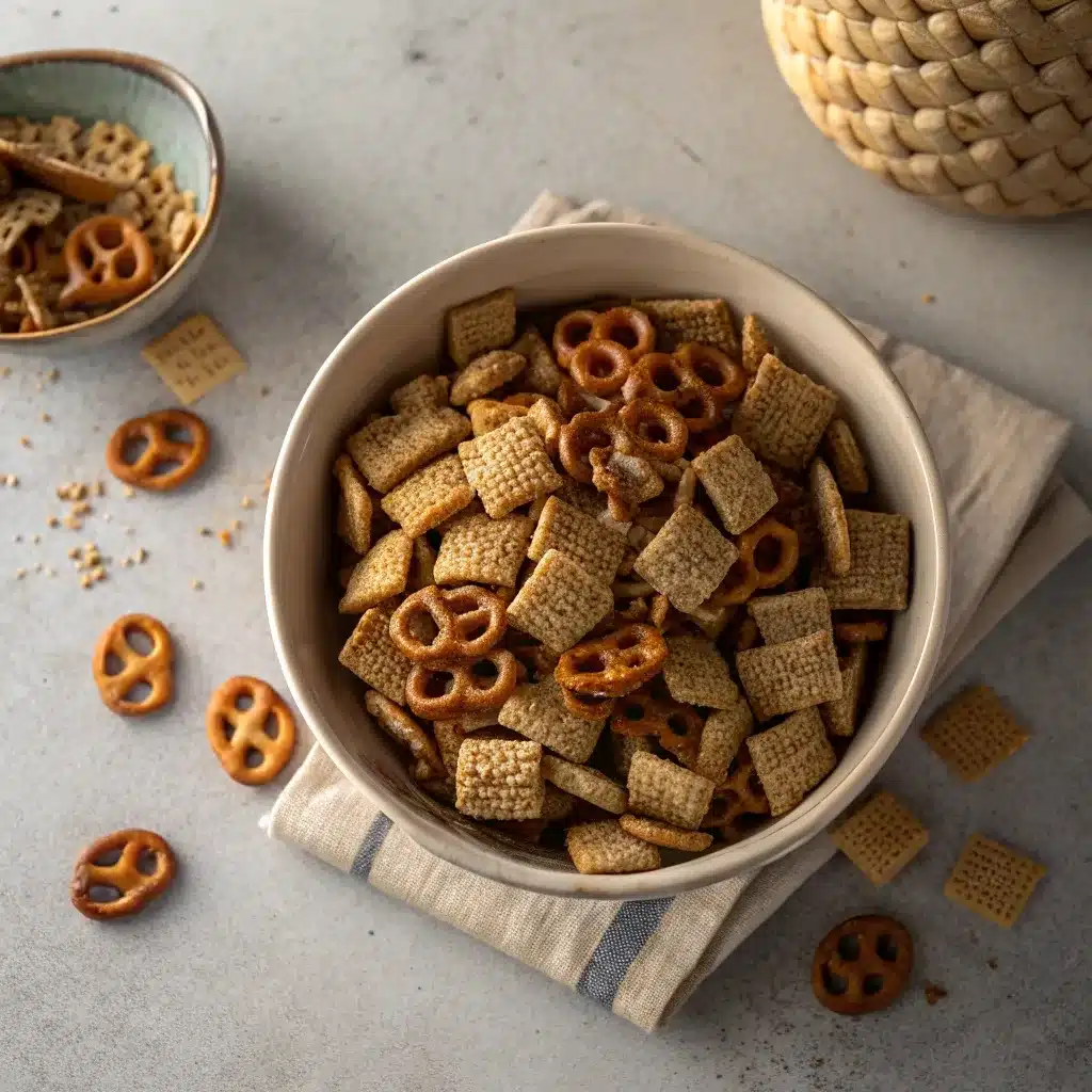 large bowl with cereal squares and mini pretzels for snack mix base