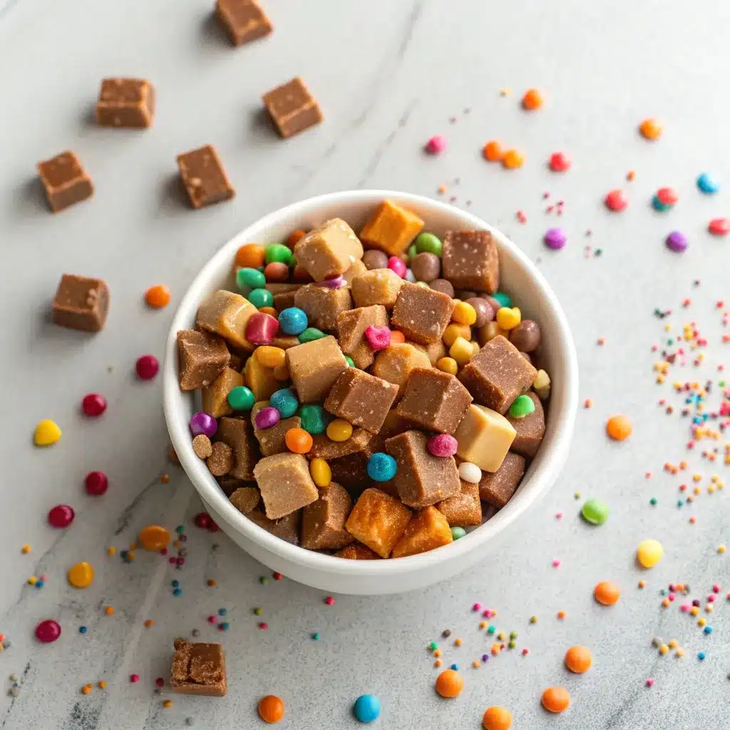 sprinkling caramel bits and toffee bits evenly over snack mix
