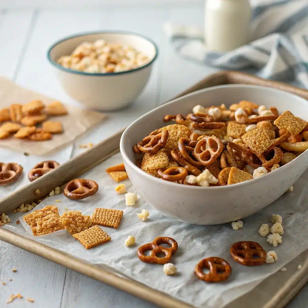 snack mix resting on parchment before transferring to serving bowl