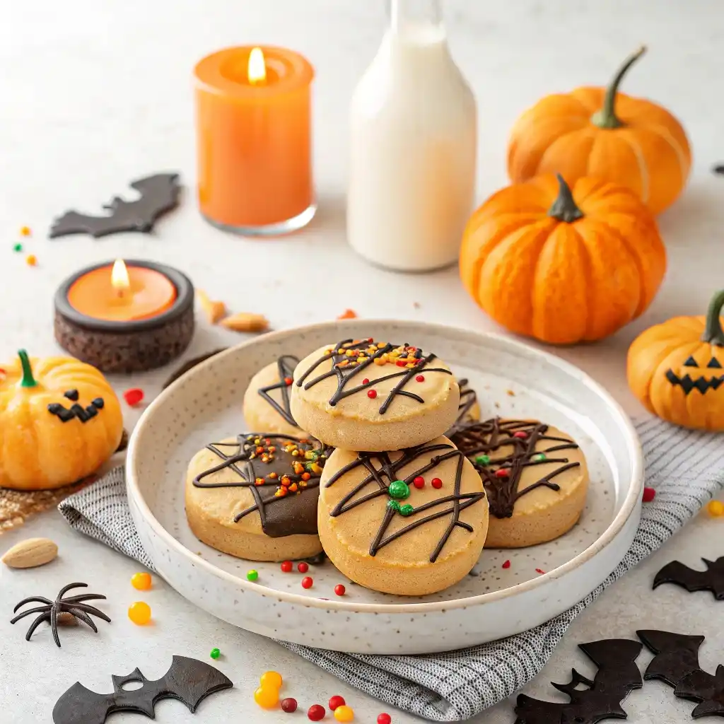 Halloween shortbread cookies on a plate with festive decorations