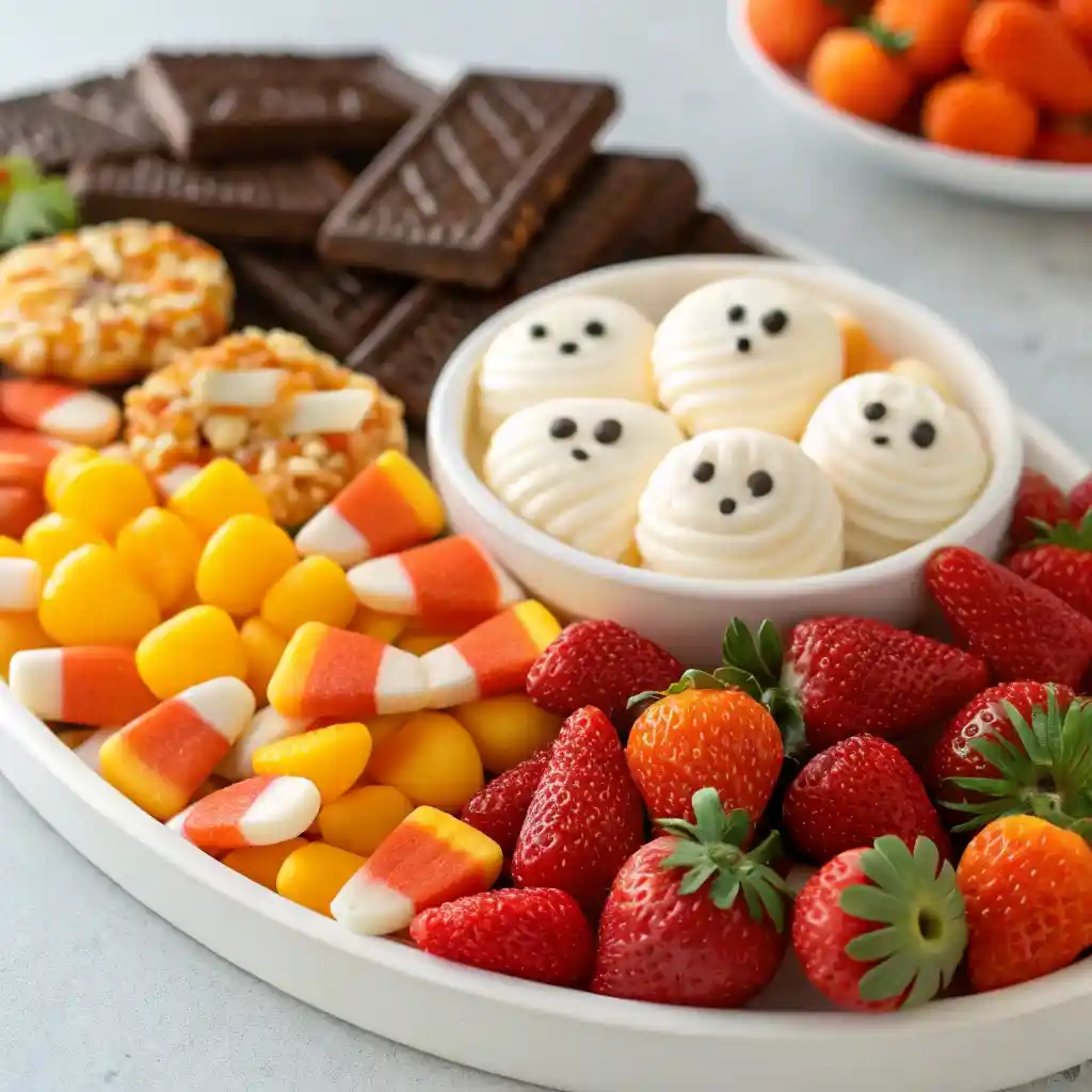 sweet Halloween charcuterie board with candy, truffles, and chocolate bark