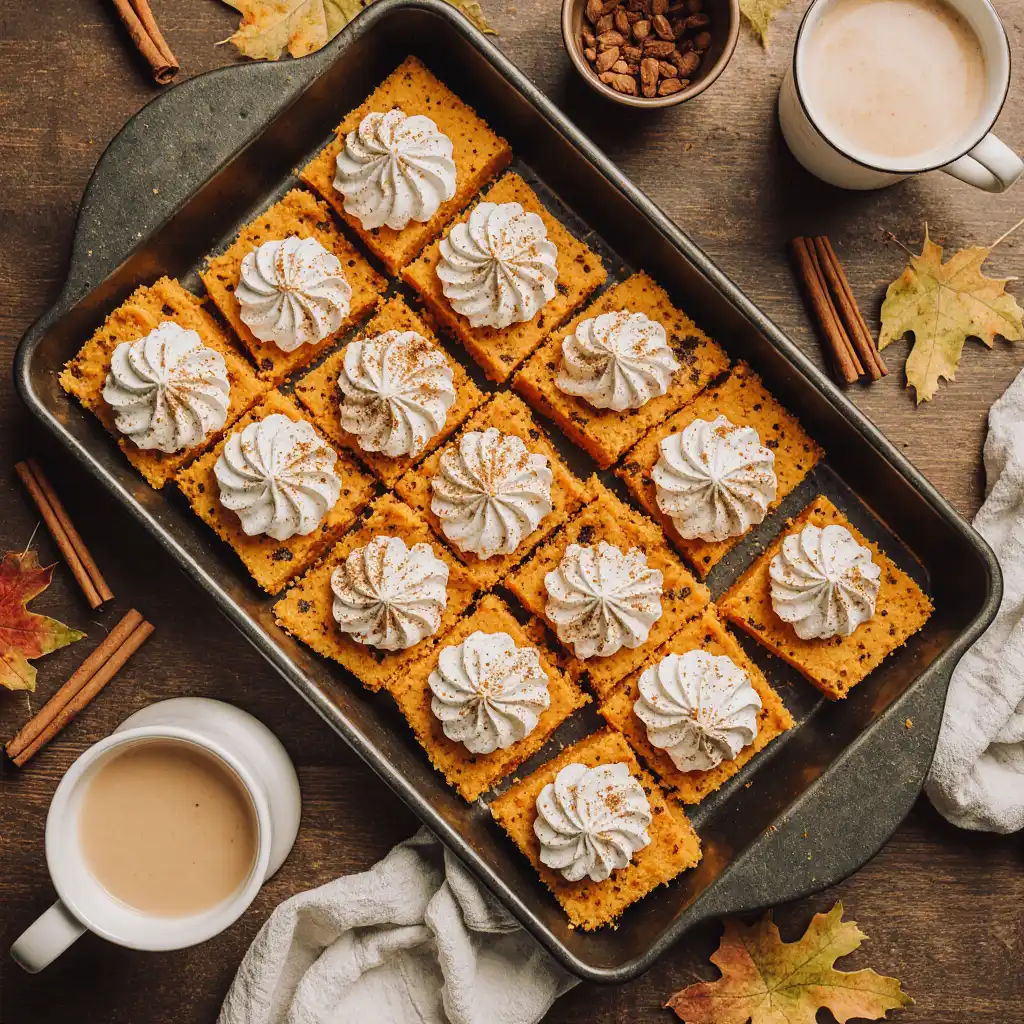 Sweet Potato Bars with Cinnamon Whipped Cream served on rustic table