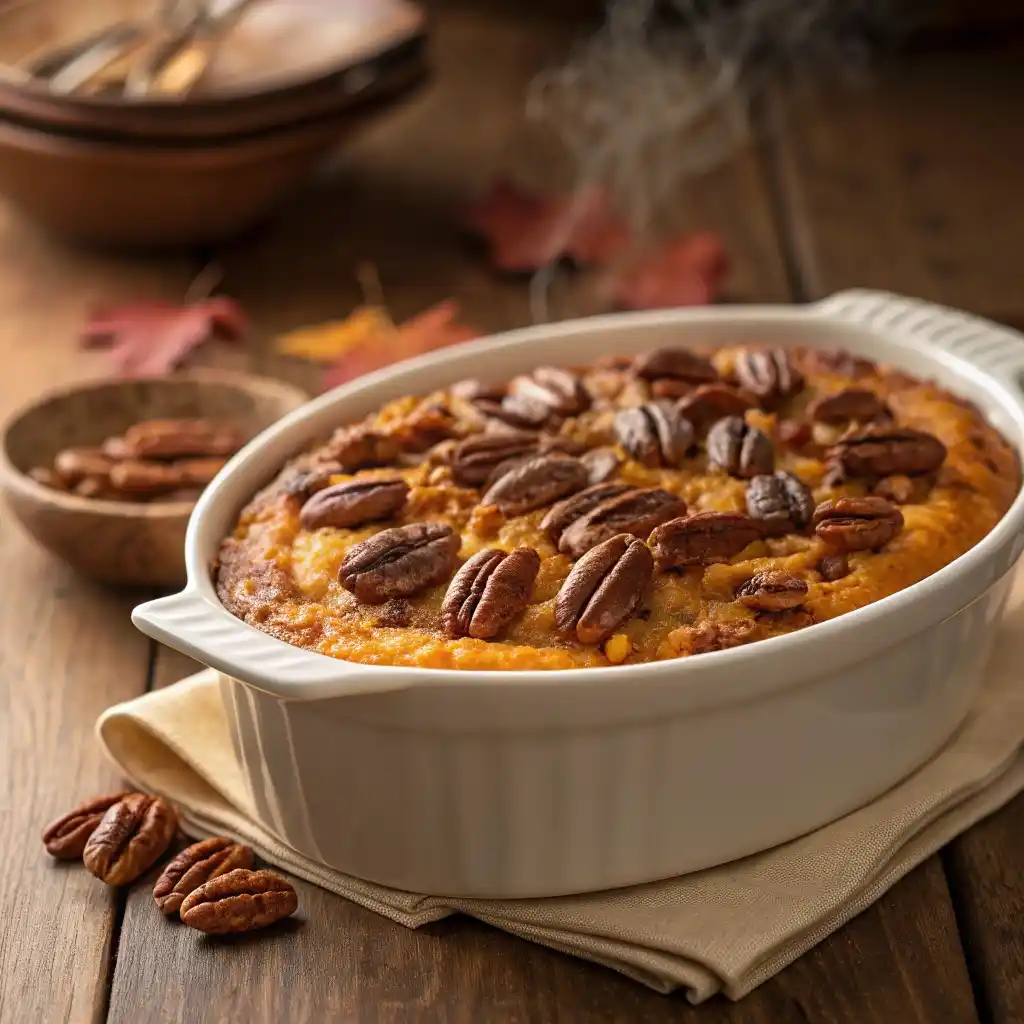 Freshly baked sweet potato casserole topped with golden pecans in a rustic dish