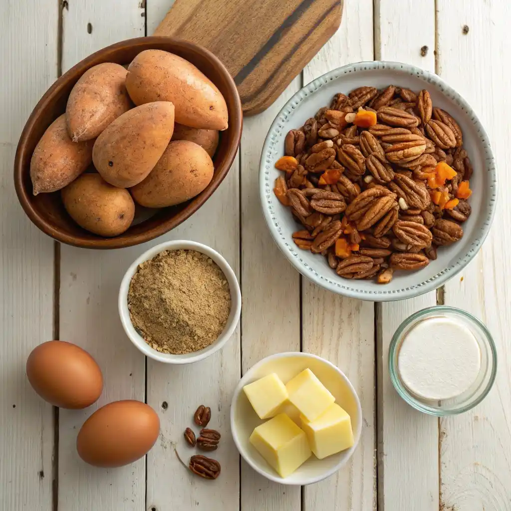 Fresh sweet potatoes, pecans, eggs, sugar, milk, and butter for casserole