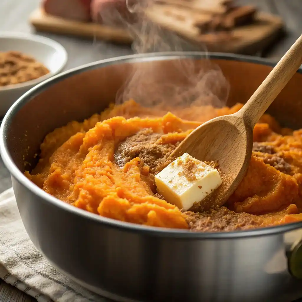 Mashed sweet potatoes with butter and sugar being mixed in a bowl