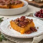 A scoop of sweet potato casserole with pecan topping on a holiday plate