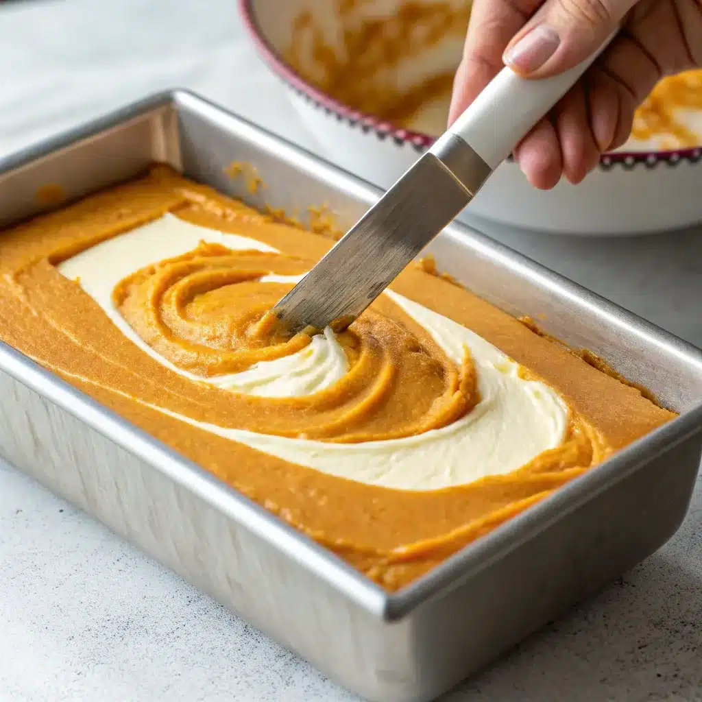 Swirling cream cheese filling into pumpkin bread batter in loaf pan