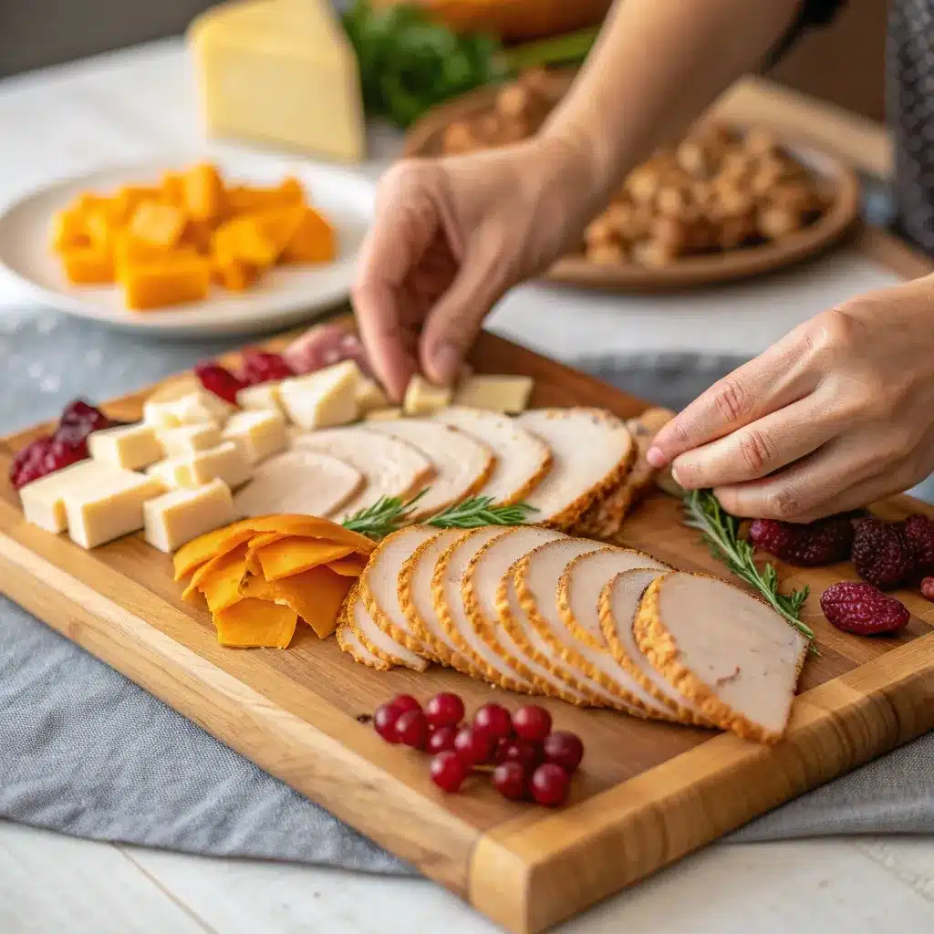 Step by step Thanksgiving Dinner Charcuterie Board assembly with turkey and cheese