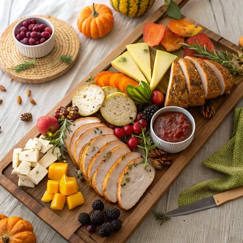 Thanksgiving Dinner Charcuterie Board full of turkey, cheeses, breads, and sides