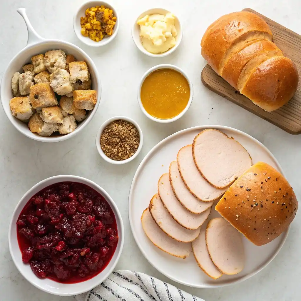 Ingredients for leftover turkey sliders with cranberry, stuffing, and cheese