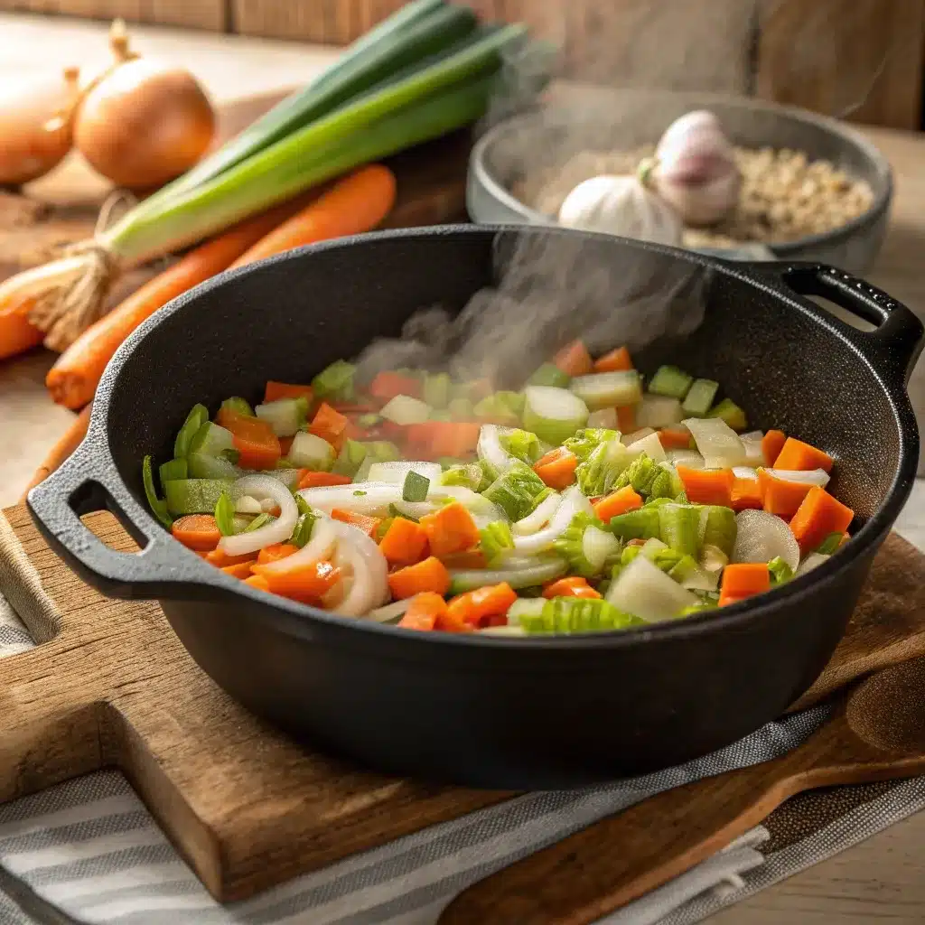 Onion, carrot, celery, and garlic sautéing in a pot with olive oil.
