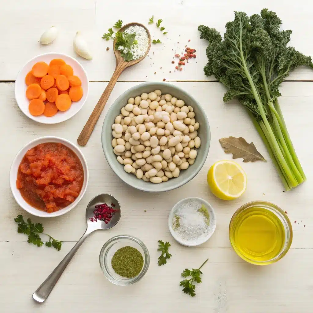Flat lay of Tuscan white bean soup ingredients including beans, kale, carrots, garlic, and herbs.