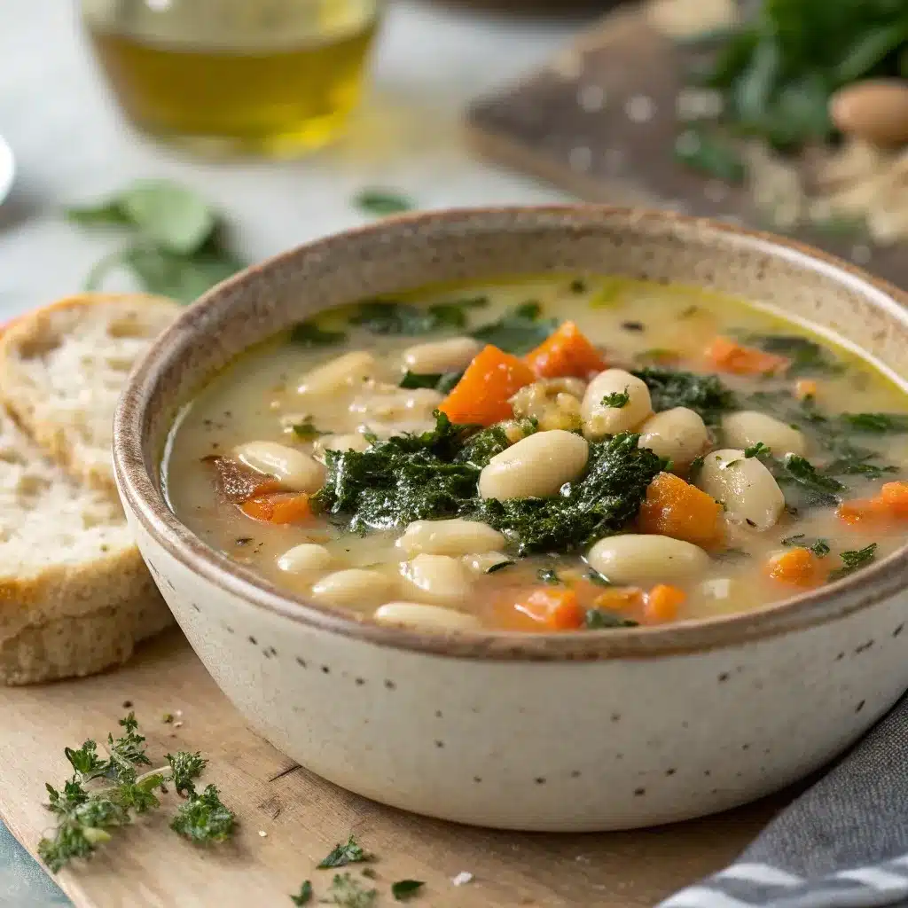 Tuscan white bean soup with kale, beans, and herbs in a rustic bowl.