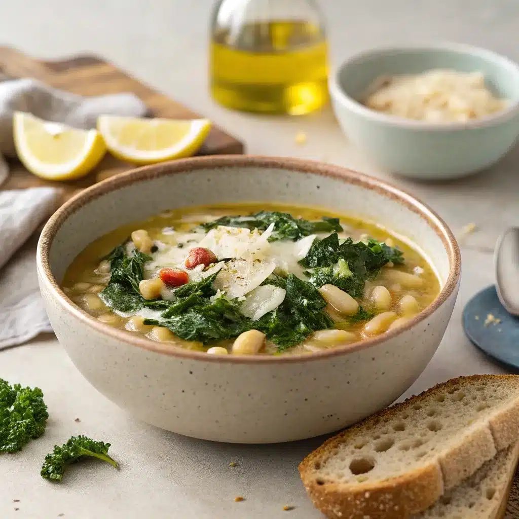 Tuscan white bean soup with kale, Parmesan, and olive oil drizzle.
