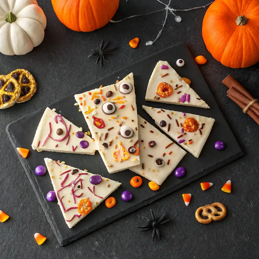 White Chocolate Halloween Bark decorated with spooky candy