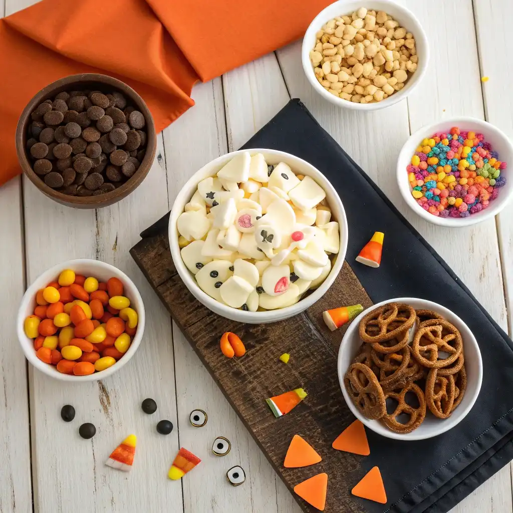 Ingredients for White Chocolate Halloween Bark on wooden counter