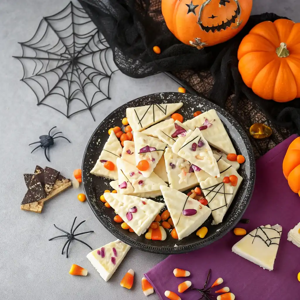 White Chocolate Halloween Bark served on platter with candy