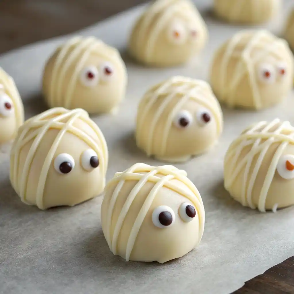 White chocolate mummy truffles with candy eyes