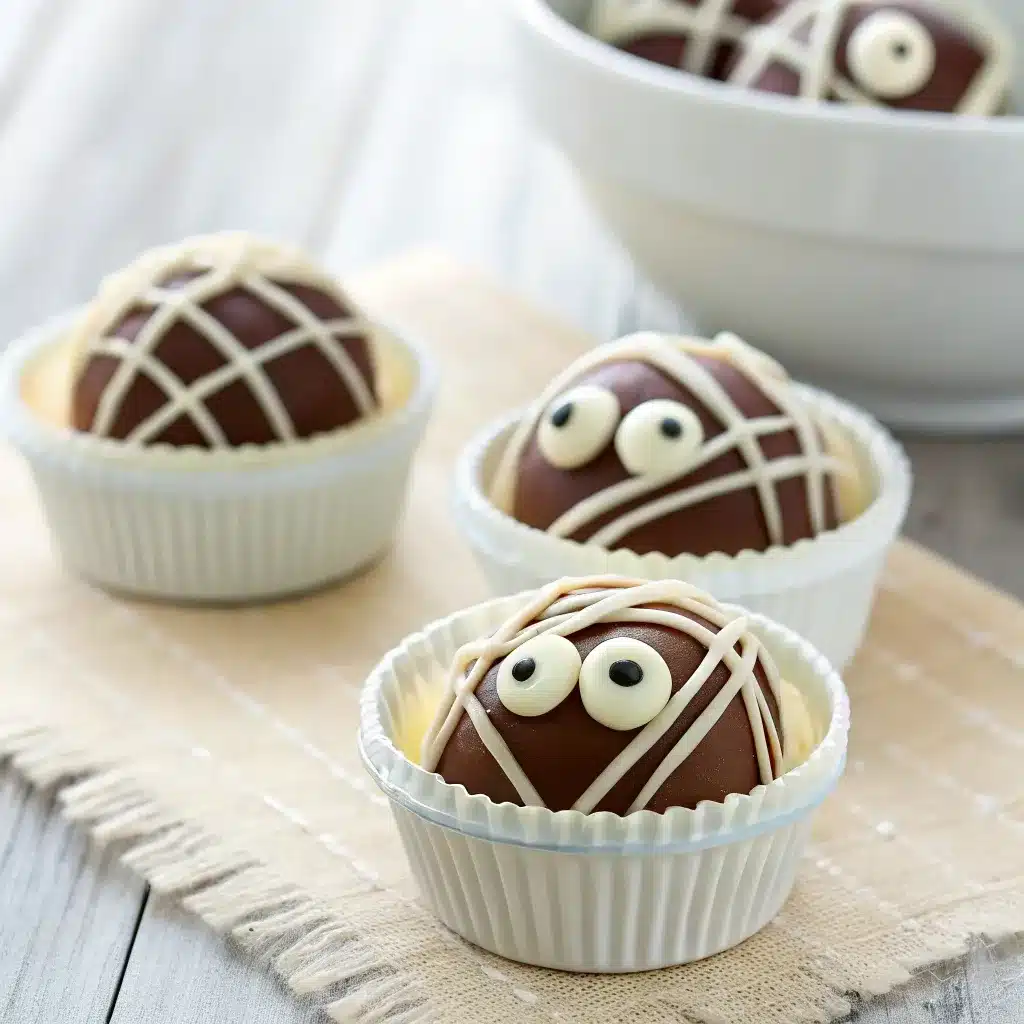White chocolate mummy truffles in small lidded cups