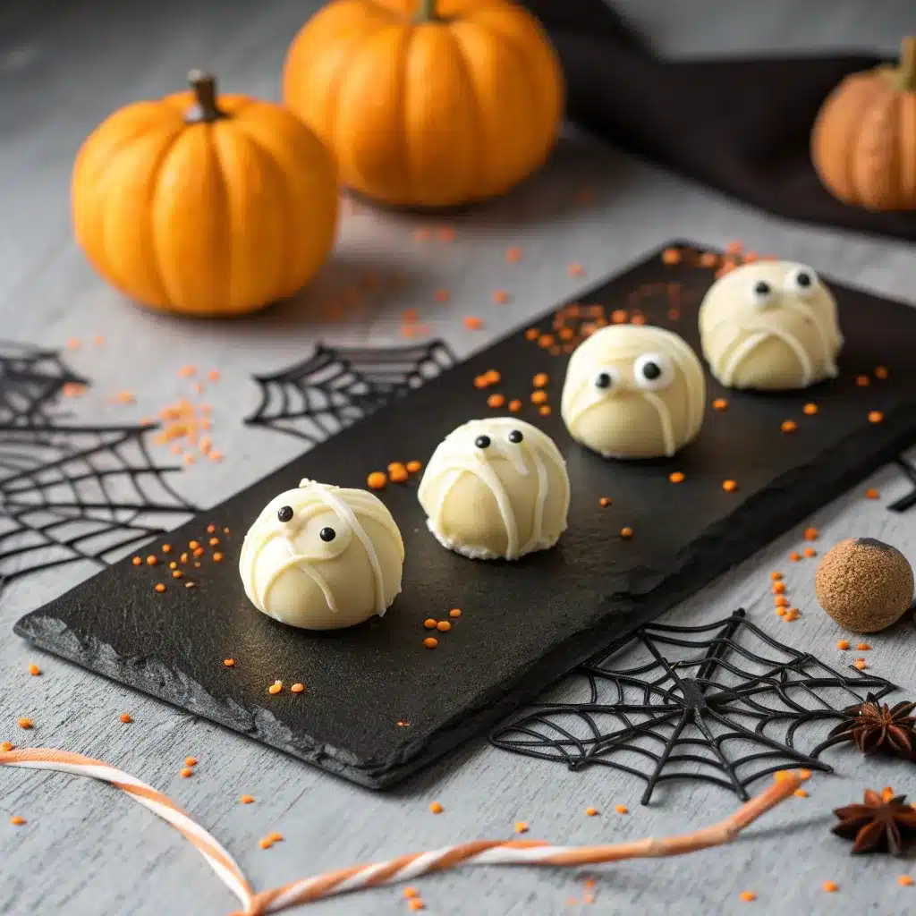 White Chocolate Mummy Truffles on Halloween serving board