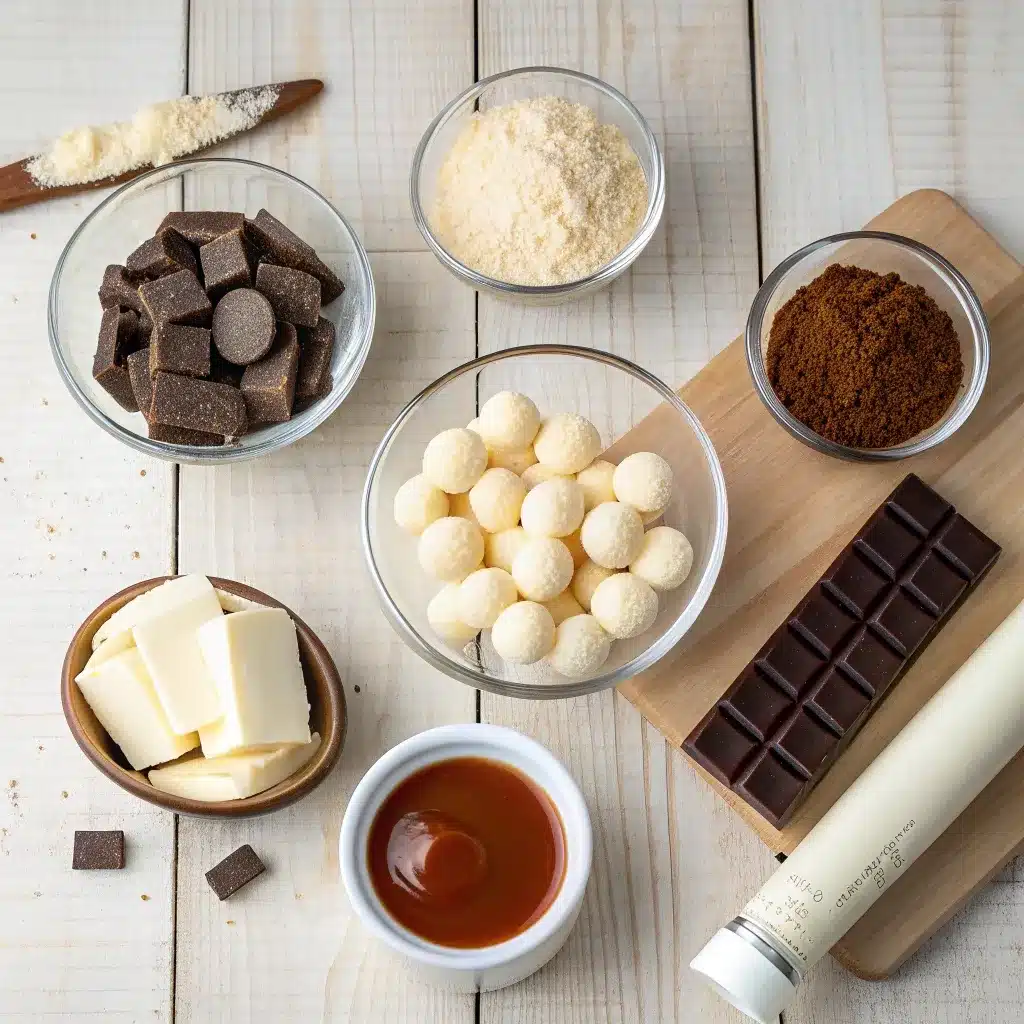 Ingredients for White Chocolate Mummy Truffles laid out on table