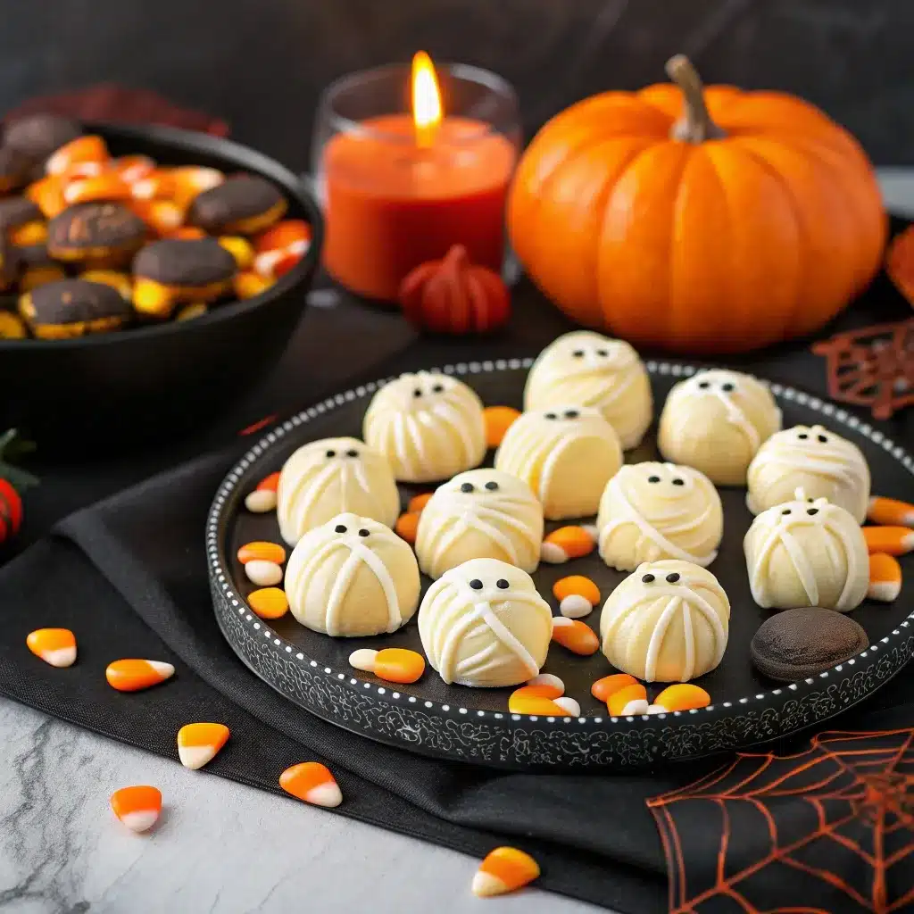 Mummy truffles served on a Halloween dessert tray
